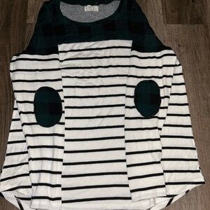 Long sleeve Maurice’s green and blue gingham with black and white stripes.